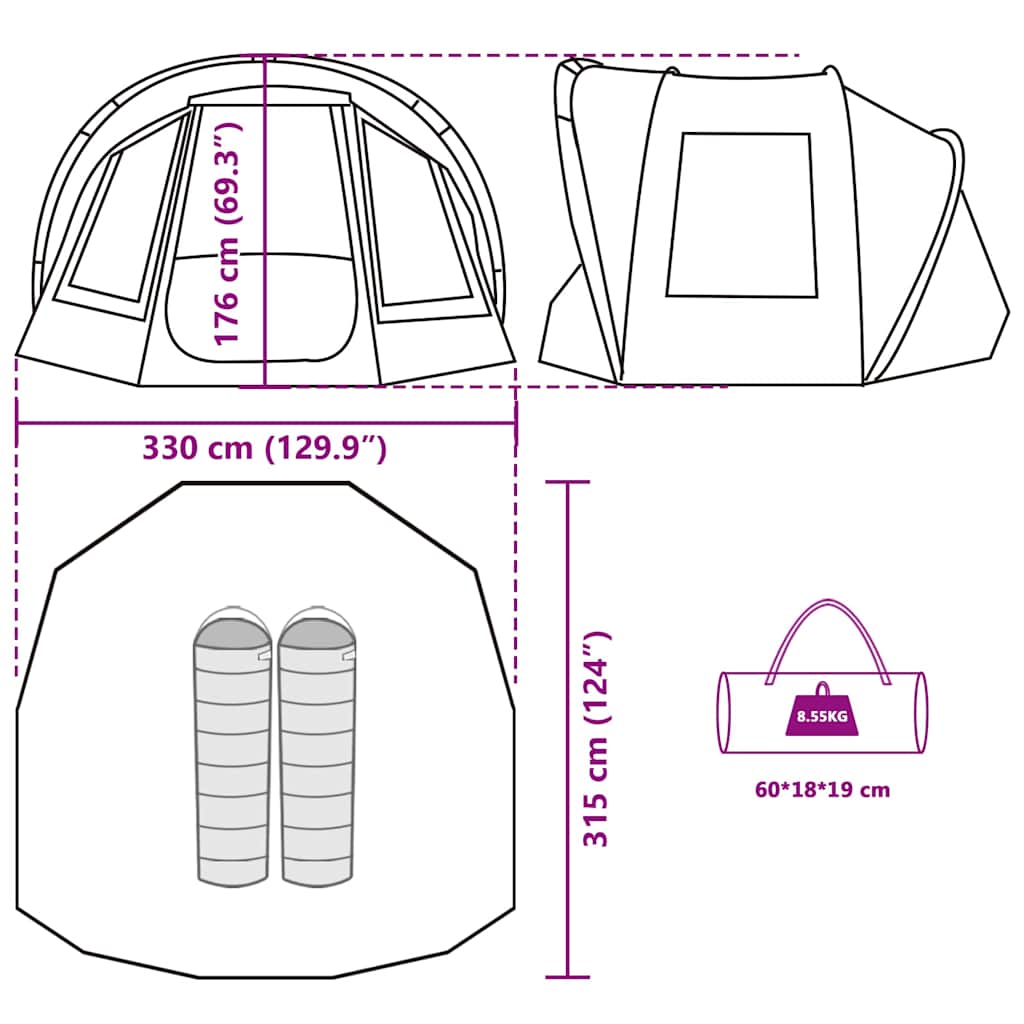 Detailweergave van de vidaXL Vistent tent met afmetingen en opbergtas.