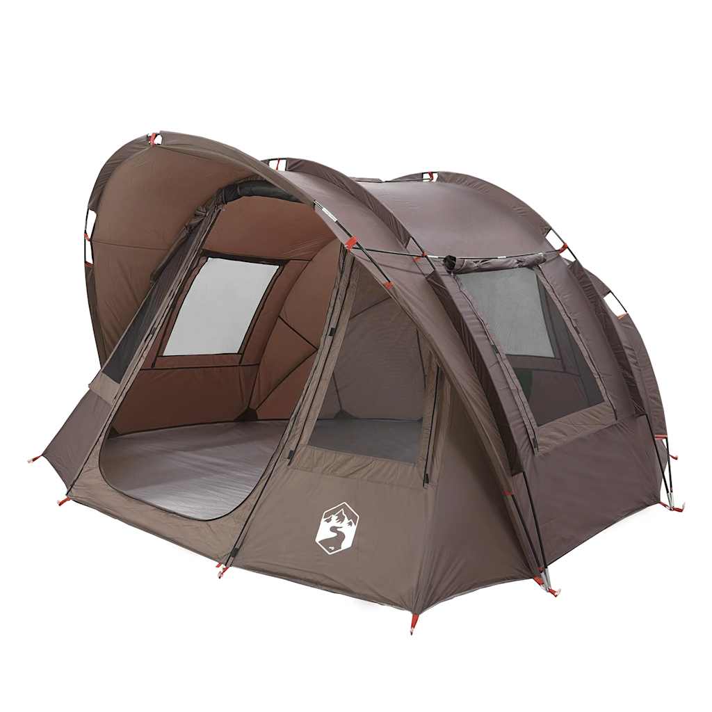 Zijaanzicht van de vidaXL Vistent 2-persoons tent in bruin, met open ingangen en ventilatieroosters.