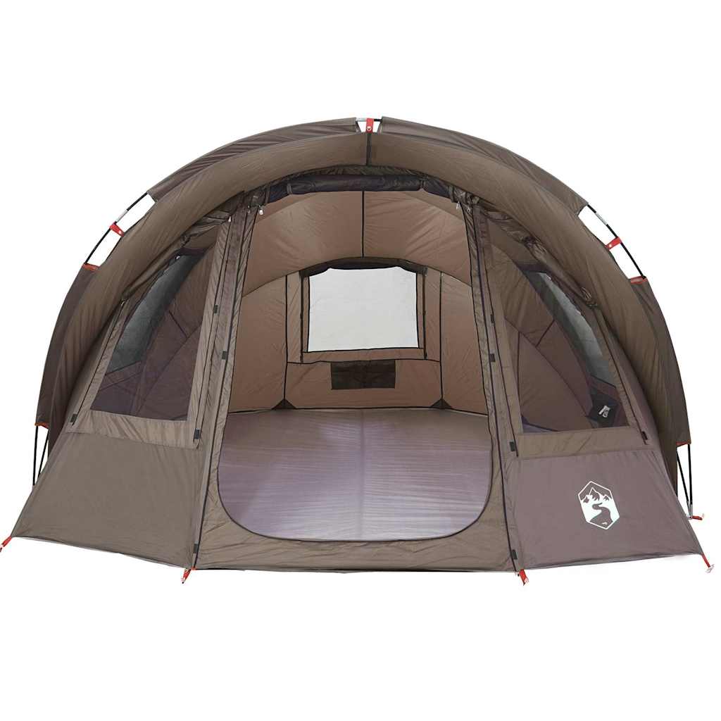 Zijaanzicht van de vidaXL Vistent 2-persoons tent in bruin, met open ingangen en ventilatieroosters.