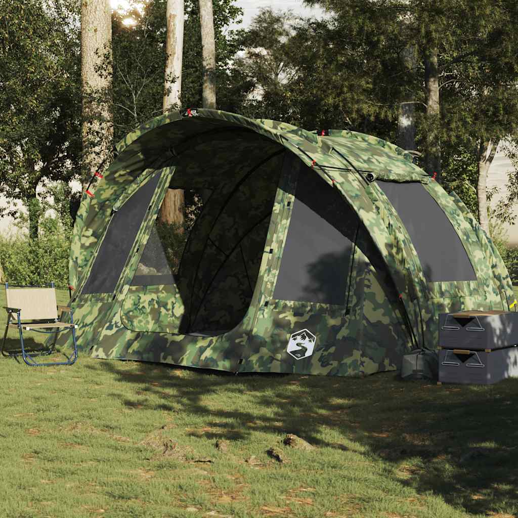 Zijaanzicht van de vidaXL 2-persoons camouflage vistent met grote openingen.