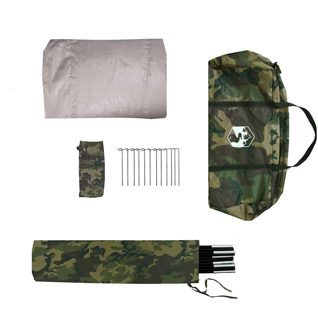 Detail van de vidaXL 2-persoons camouflage vistent met stokken en opbergtas.