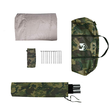 Detail van de vidaXL 2-persoons camouflage vistent met stokken en opbergtas.