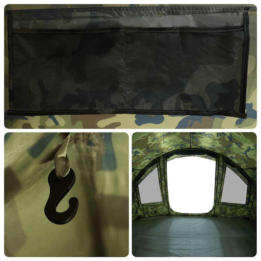 Detail van de camouflage buitenkant met opbergvak en haken voor de vidaXL vistent.