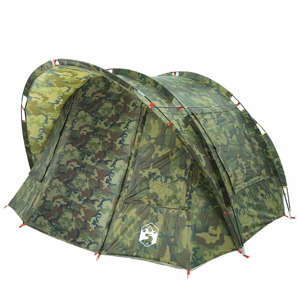 Detail van de vidaXL 2-persoons camouflage vistent, met een gebogen ontwerp en waterdichte stof.