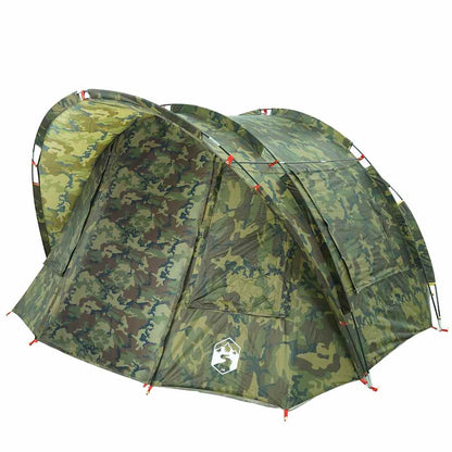Detail van de vidaXL 2-persoons camouflage vistent, met een gebogen ontwerp en waterdichte stof.