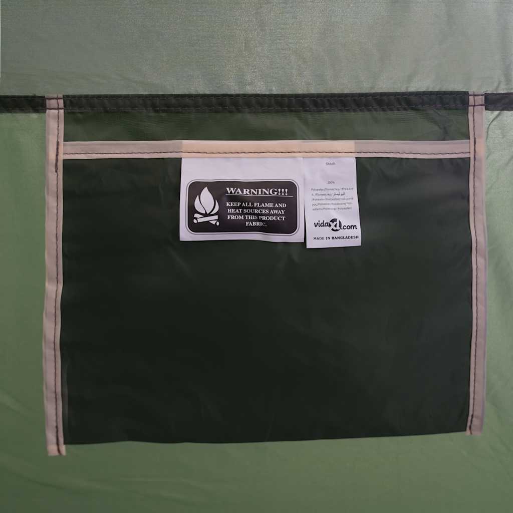 Detail van de groene vidaXL douchetent met een waarschuwinglabel op de zijwand.