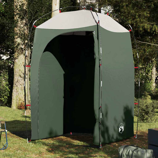 vidaXL Douchetent waterdicht groen, openstaand in de natuur met een lichtgrijze top.