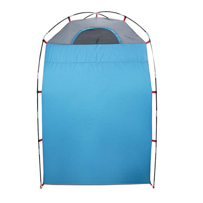 Zijaanzicht van de vidaXL waterdichte douchetent in blauw met grijze top.