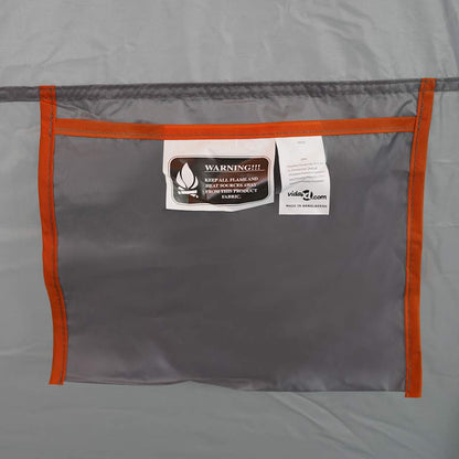 Detail van de grijze vidaXL douchetent met label en opbergvak aan de binnenkant.