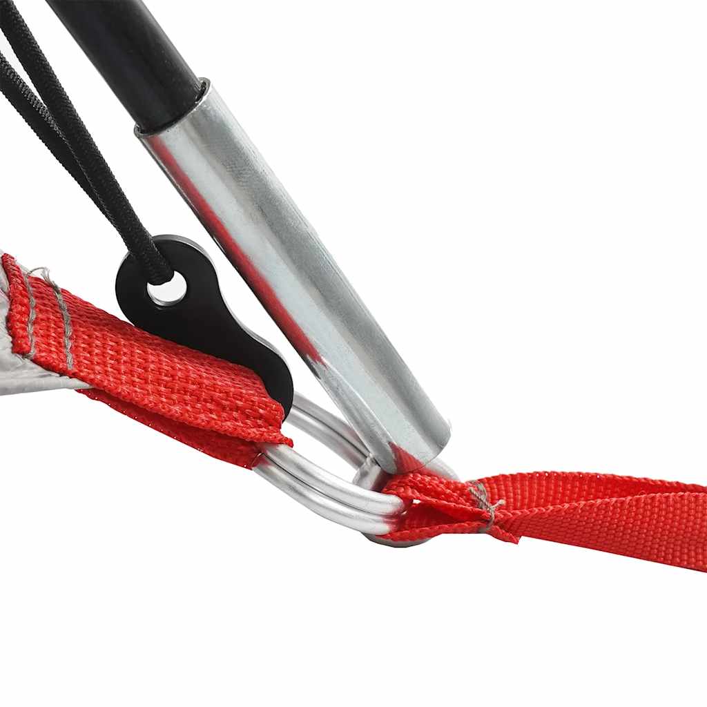 Detail van de bevestiging met metalen haak en stevige rode riem van de vidaXL Douchetent.