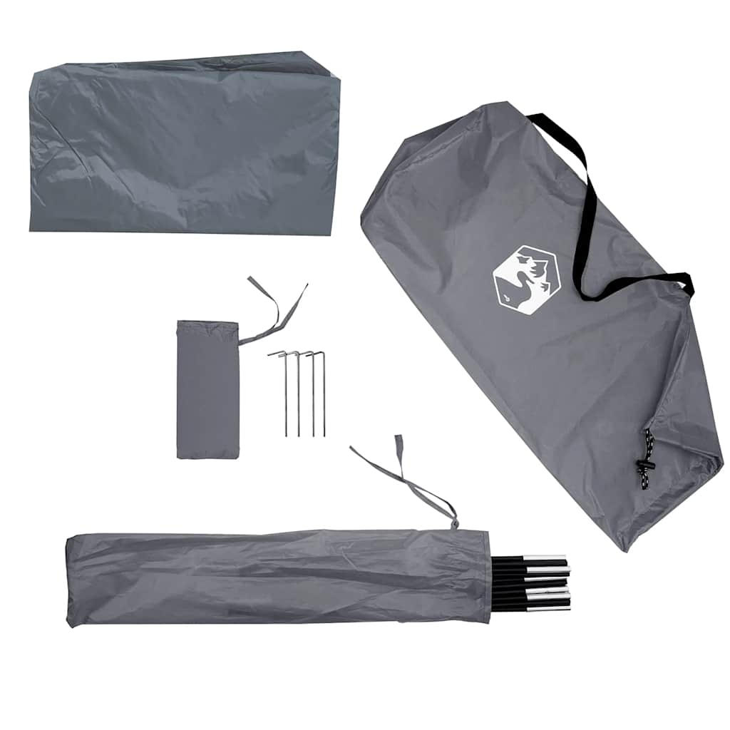 Grijze vidaXL douchetent met accessoires, zoals stokken en haringen, in opbergtas.