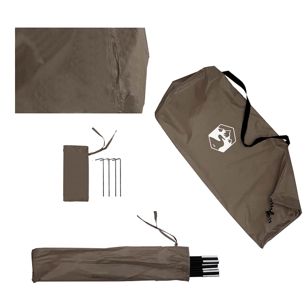 Detail van de vidaXL douchetent met accessoires, waaronder stokken en haringen in een bruine kleur.