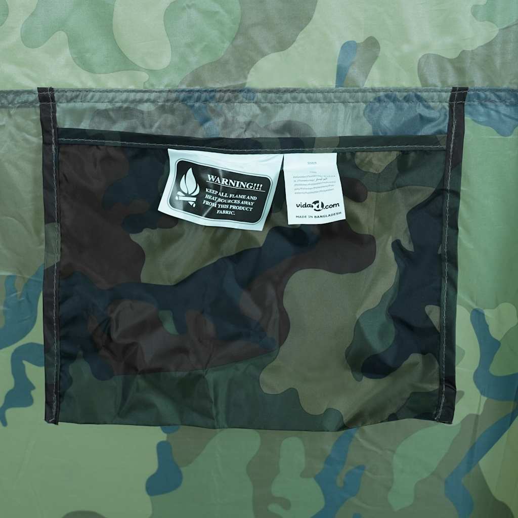 Detail van de camouflage stof met een opbergvak van de vidaXL douchetent.