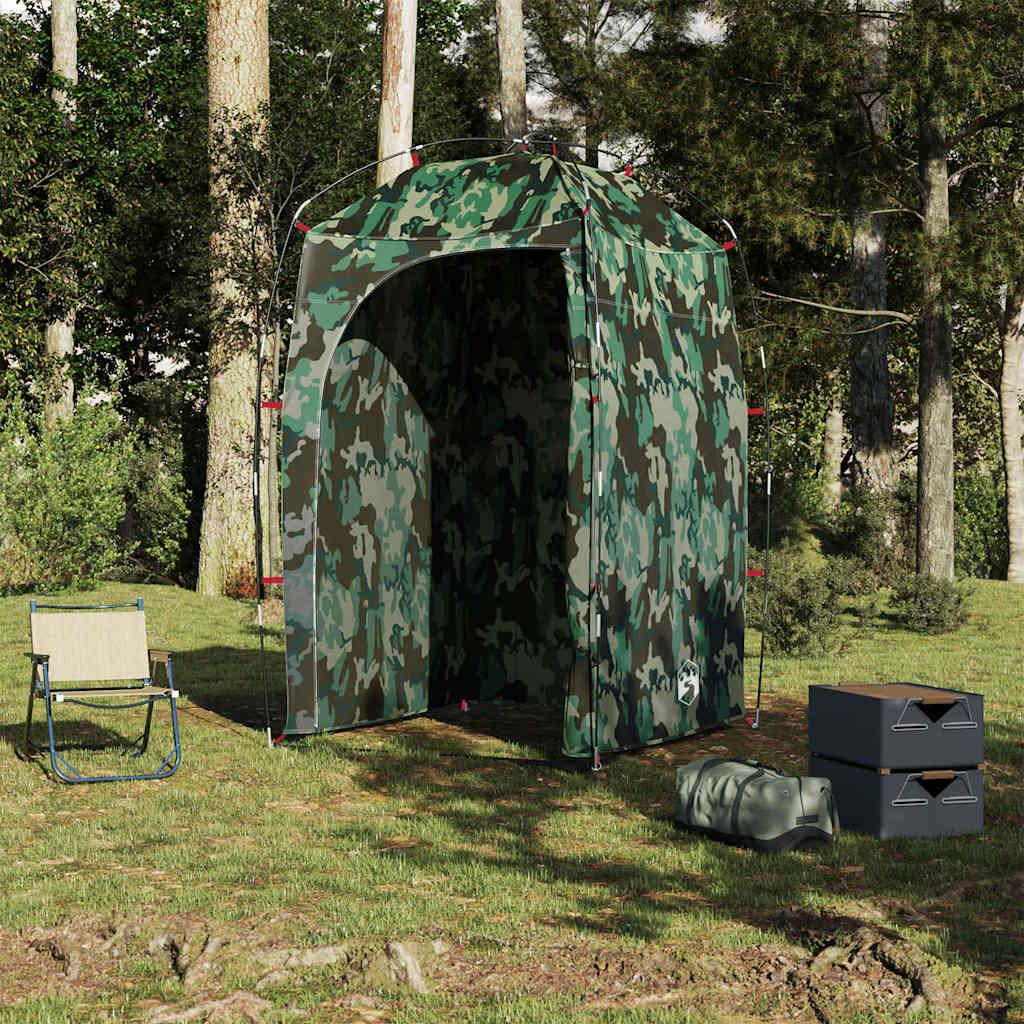Detail van de vidaXL douchetent in camouflage, opgezet in een groene omgeving.