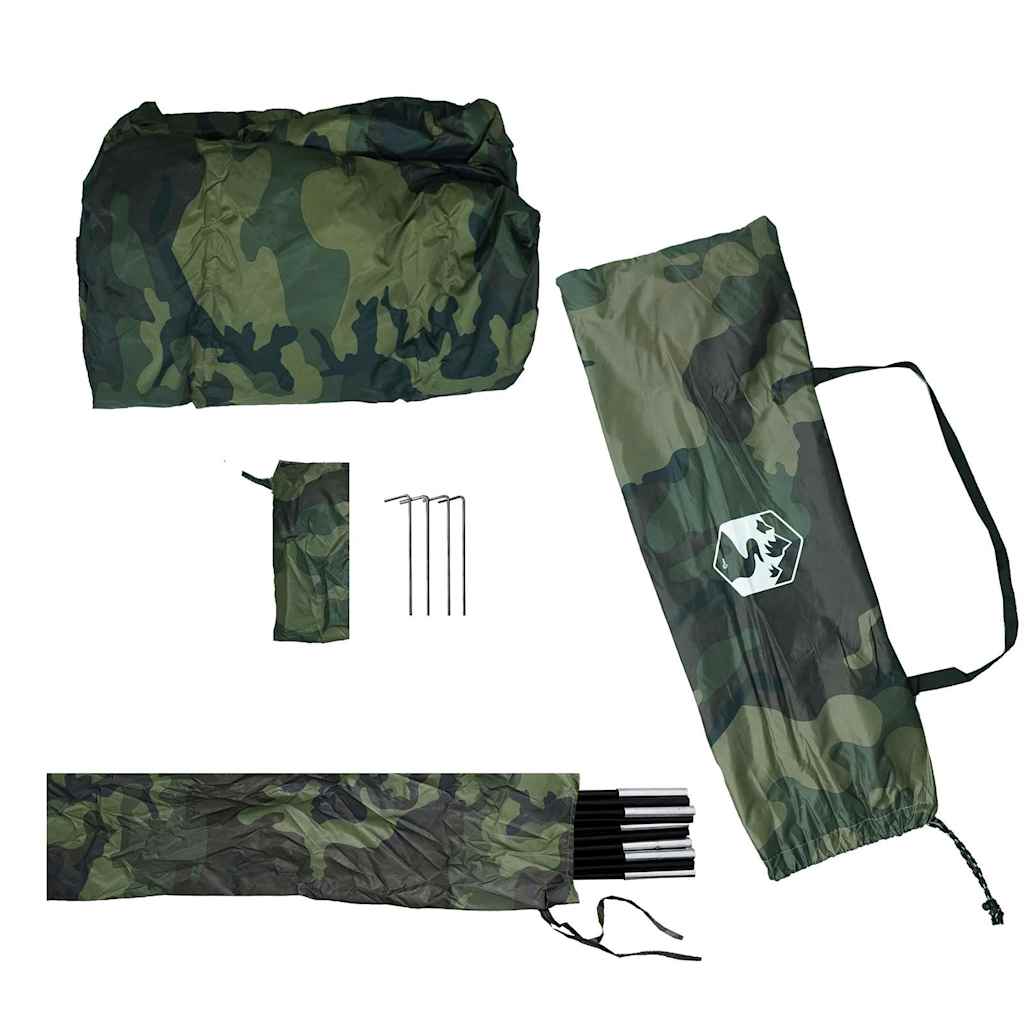 Detail van de vidaXL camouflage douchetent met stokken en haringen in opbergtas.