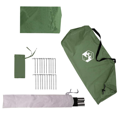 Detail van de accessoires van de vidaXL Tipitent, inclusief haringen en stokken in groen.