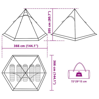 Detailweergave van de vidaXL Tipitent met afmetingen en schematische weergave van de koningsstokken.