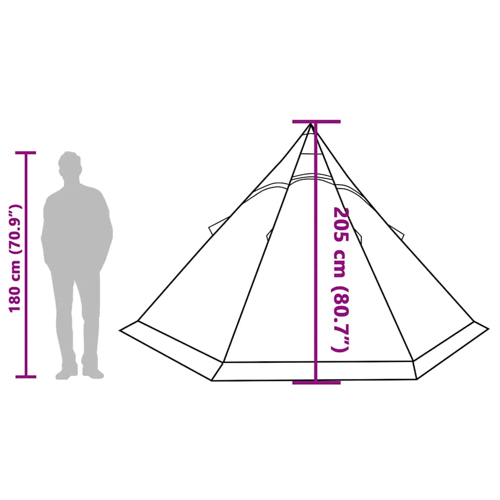 Zijaanzicht van de vidaXL Tipitent met afmetingen en hoogte van 205 cm.