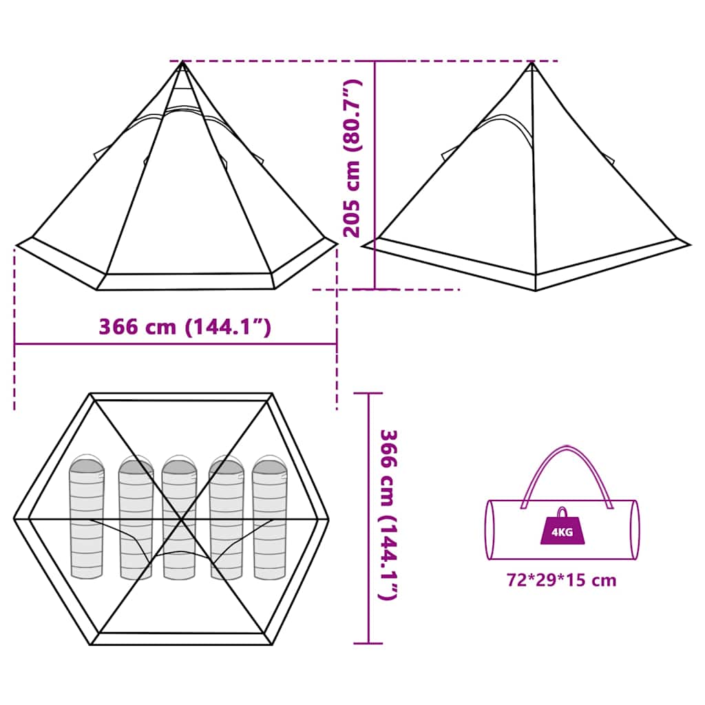 Detailtekening van de vidaXL 5-persoons tipitent met afmetingen en opberginformatie.