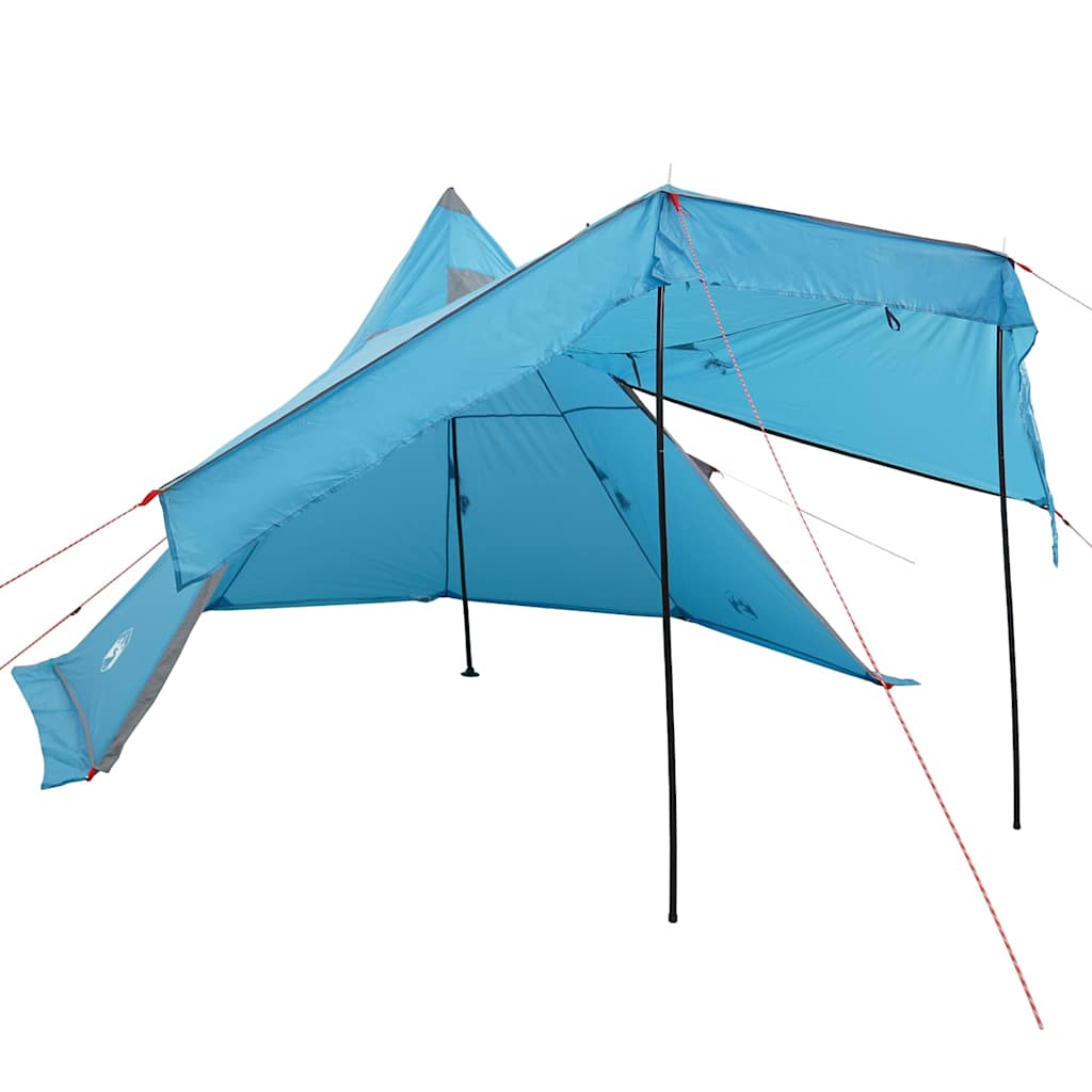 Detail van de vidaXL tipitent in blauw, met opgezette luifel en koningsstokken.