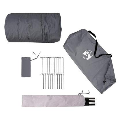 Grijze vidaXL tipitent met stokken, haringen en opbergtas, overzicht van accessoires.