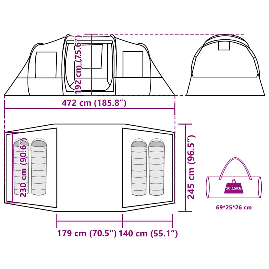 Detail van de vidaXL 4-persoons tunneltent met afmetingen en ontwerpkenmerken.