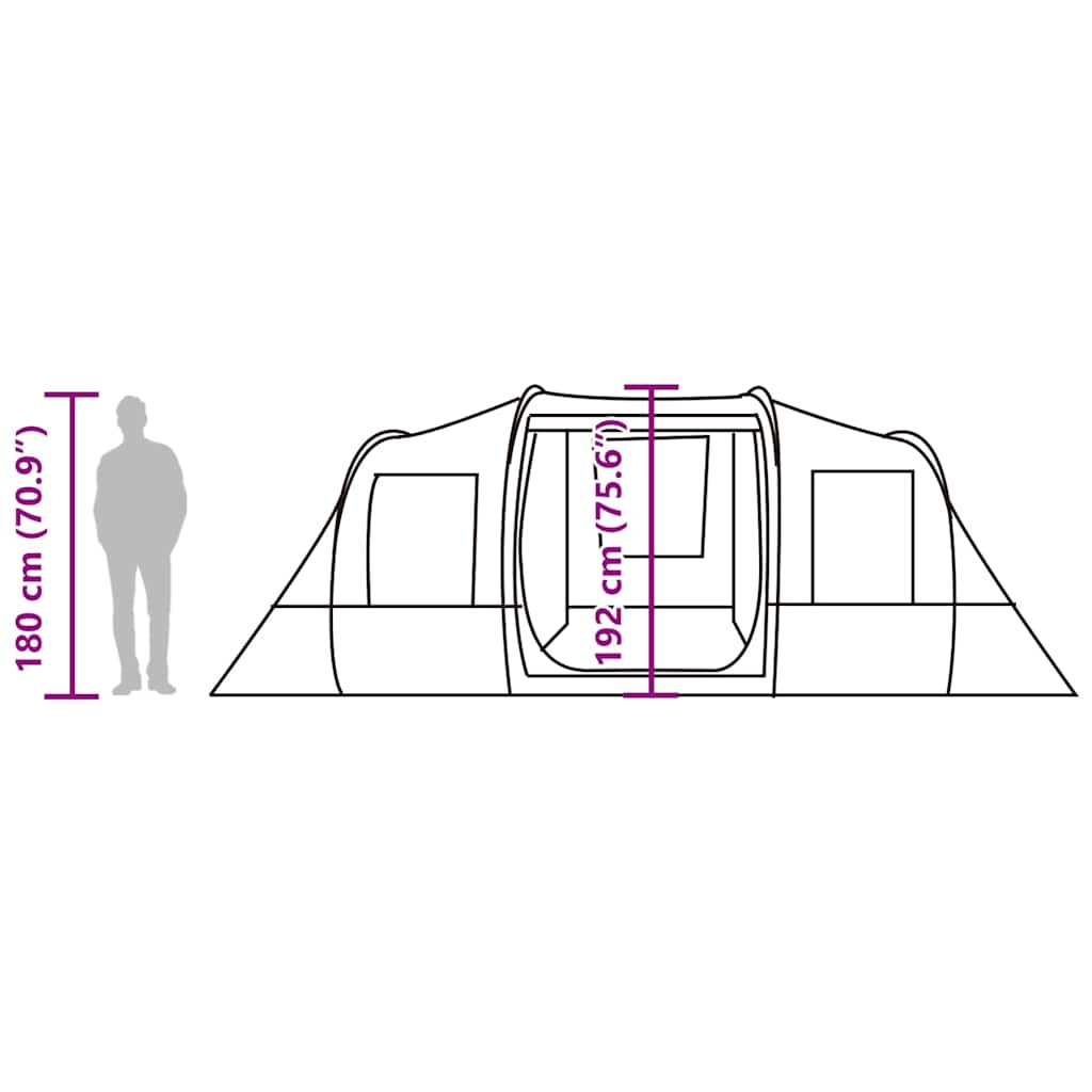 Zijaanzicht van de vidaXL 4-persoons tunneltent met afmetingen en toegangspunten.
