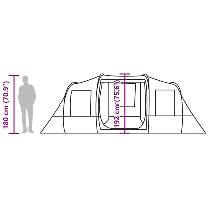 Zijaanzicht van de vidaXL 4-persoons tunneltent met afmetingen en toegangspunten.