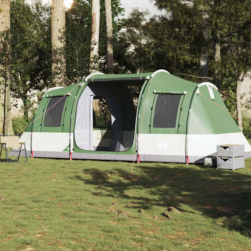 Detail van de vidaXL tunneltent in groen, met open ingang en ventilatieroosters.
