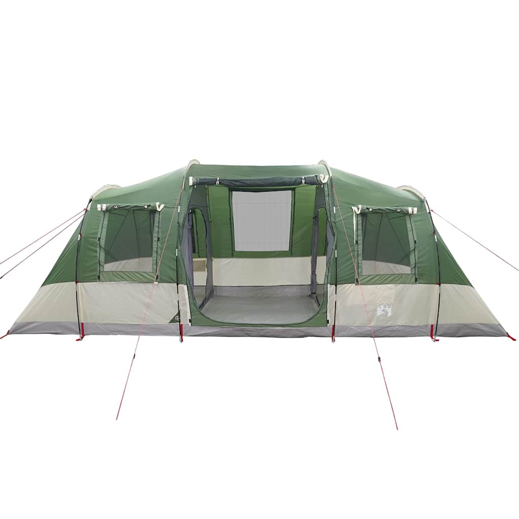 Detail van de vidaXL 4-persoons tunneltent in groen, met open ingangen en ventilatieroosters.