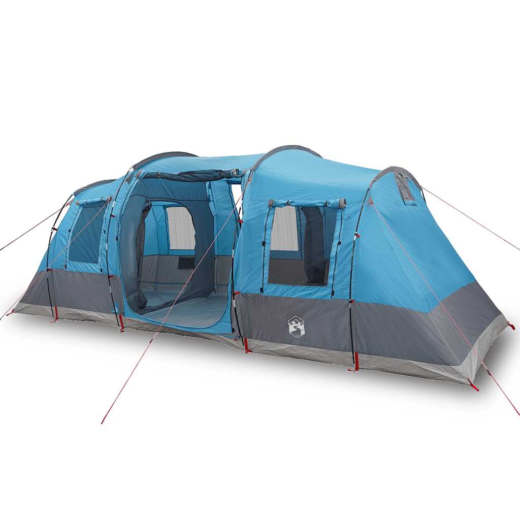 Zijaanzicht van de vidaXL 4-persoons tunneltent in blauw met grijze accenten.