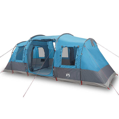 Zijaanzicht van de vidaXL 4-persoons tunneltent in blauw met grijze accenten.