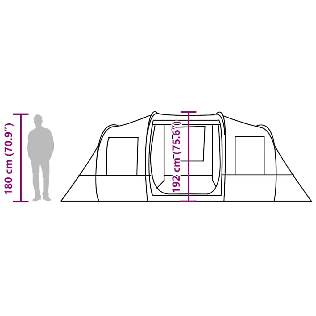 Zijaanzicht van de vidaXL tunneltent met afmetingen en ingangen aangegeven.