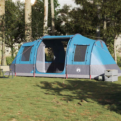 Zijaanzicht van de vidaXL 4-persoons tunneltent in blauw, met open ingang en ventilatieroosters.