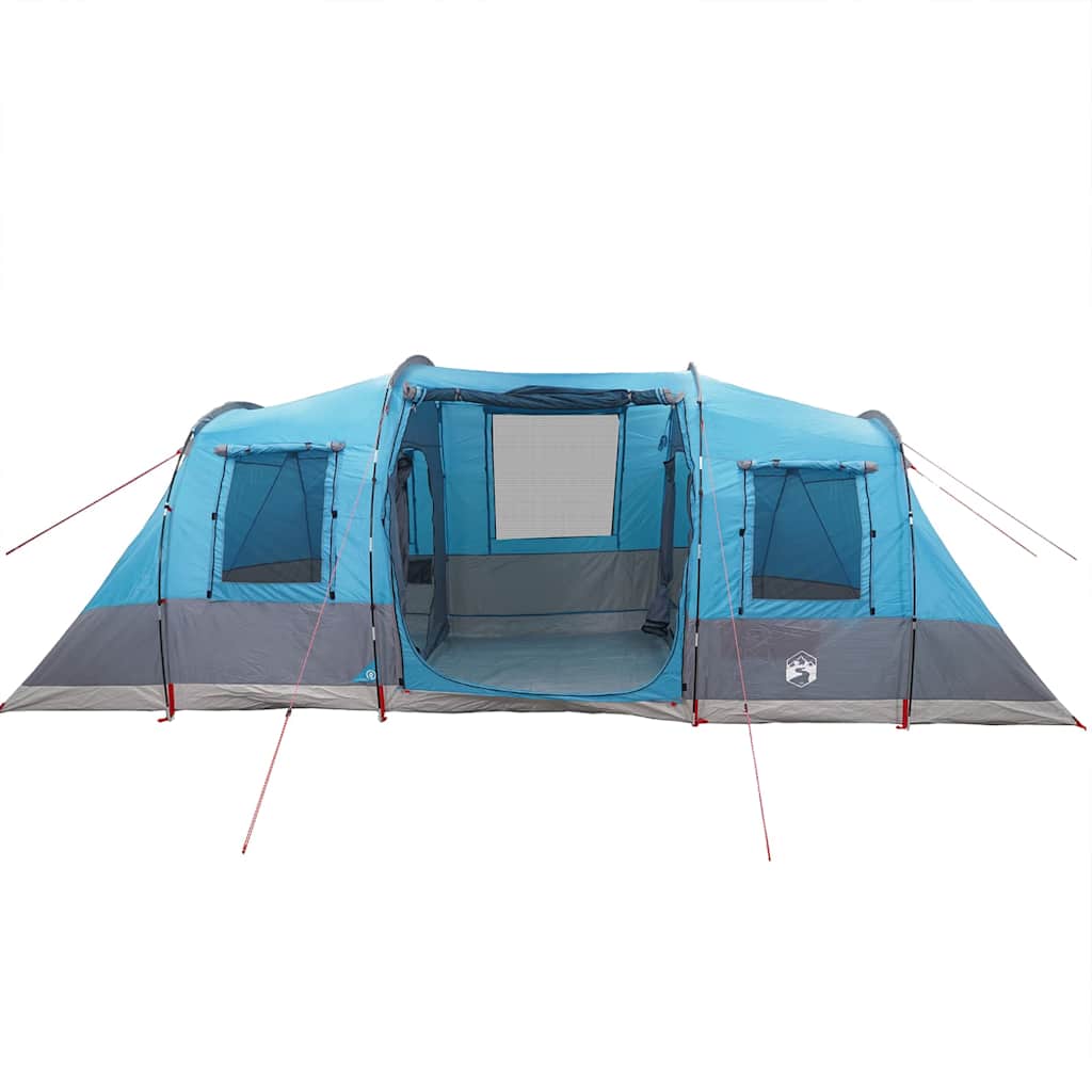 Zijaanzicht van de blauwe vidaXL tunneltent met open ingang en ventilatieroosters.