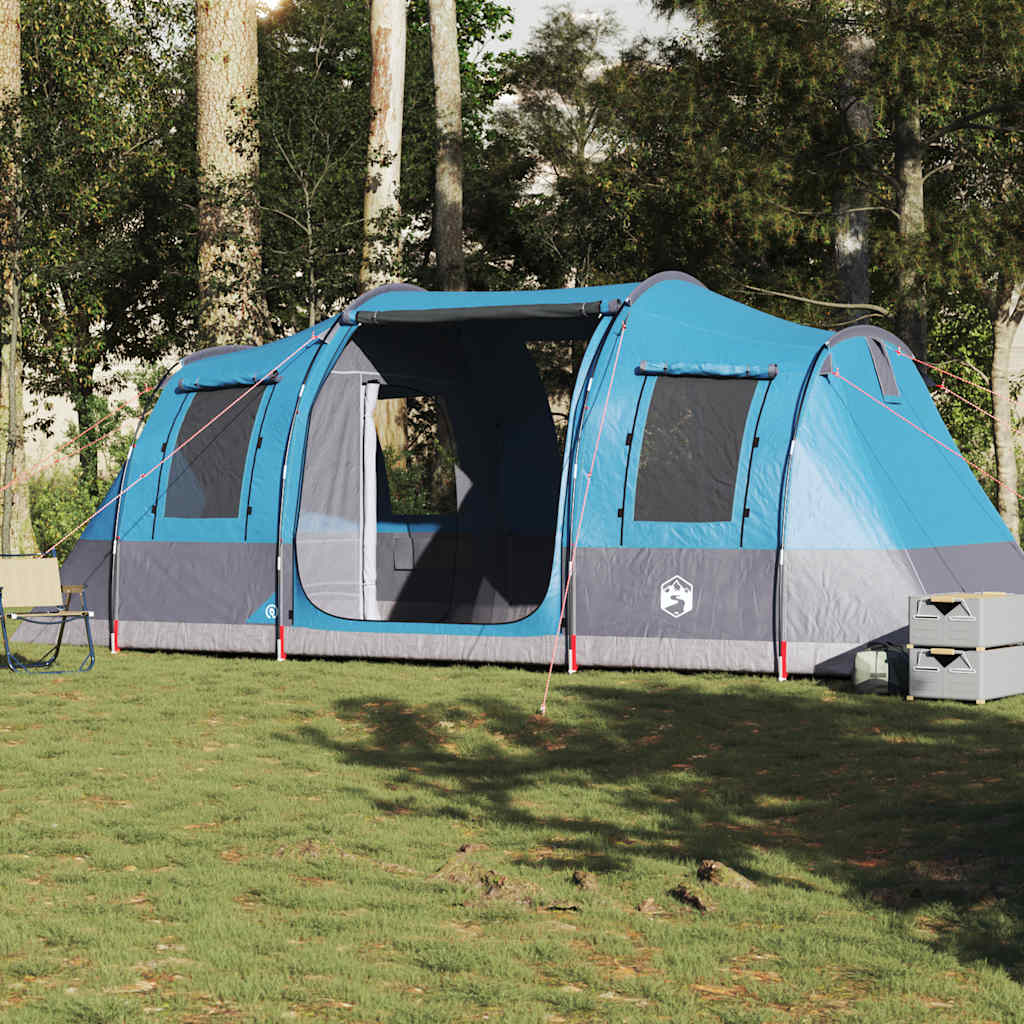 Blauwe vidaXL tunneltent voor vier personen, waterdicht met grote ingangen en ventilatie.