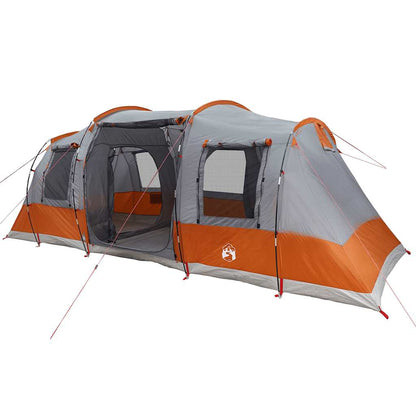 Detail van de vidaXL tunneltent in grijs en oranje, met open ingang en ventilatieroosters.