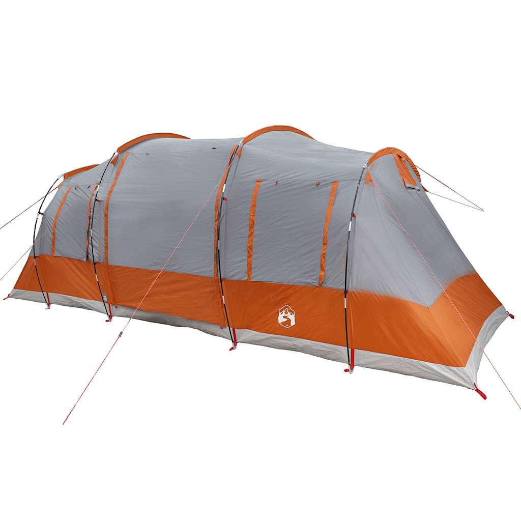 Zijaanzicht van de vidaXL tunneltent in grijs en oranje, met flexibele stokken.