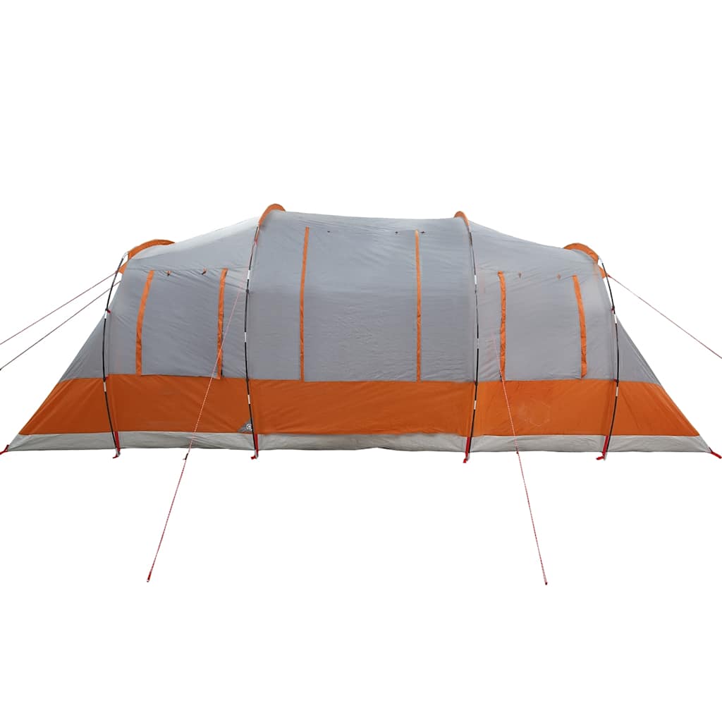 Zijaanzicht van de vidaXL tunneltent in grijs en oranje, met opvallende ventilatieroosters.