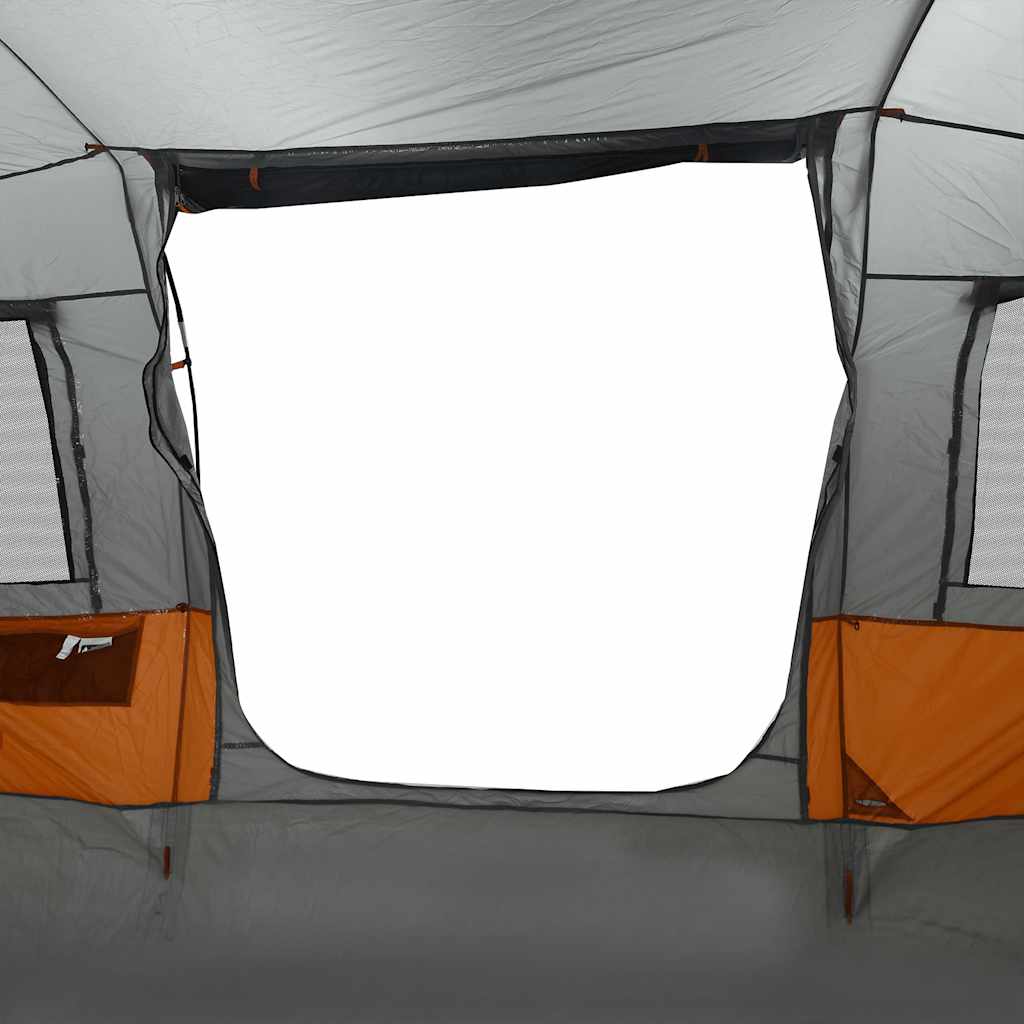 Detail van de grijze en oranje vidaXL tunneltent met grote ingang en ventilatieroosters.