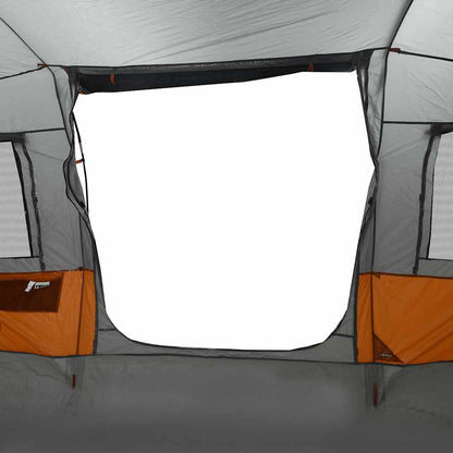 Detail van de grijze en oranje vidaXL tunneltent met grote ingang en ventilatieroosters.
