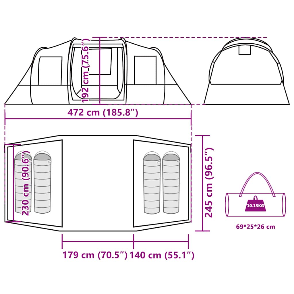 Technische tekening van de vidaXL 4-persoons tunneltent met afmetingen en details.