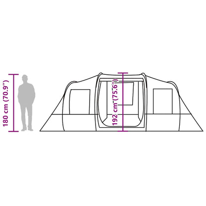 Zijaanzicht van de vidaXL tunneltent met afmetingen en deuropening.