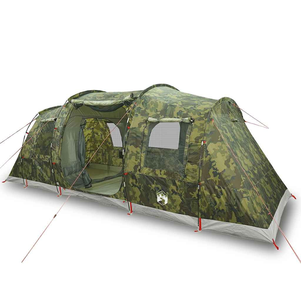 Zijaanzicht van de vidaXL 4-persoons tunneltent in camouflage, met open ingangen en ventilatieroosters.