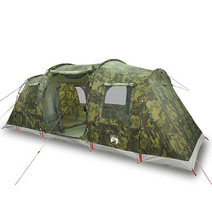 Zijaanzicht van de vidaXL 4-persoons tunneltent in camouflage, met open ingangen en ventilatieroosters.