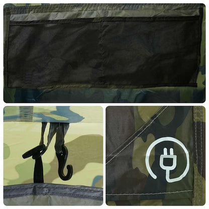 Detail van de camouflage binnentent met opbergvak en haakjes voor verlichting.