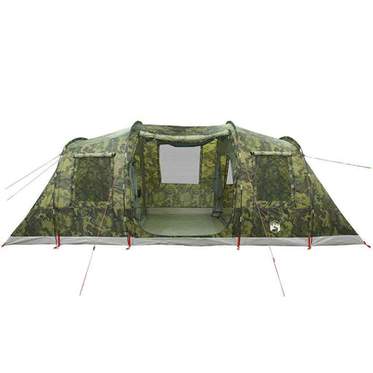 Zijaanzicht van de vidaXL 4-persoons tunneltent in camouflage, met open ingang en ventilatieroosters.