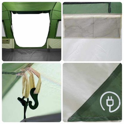 Detail van de ingang van de vidaXL tunneltent met een verduisteringsgordijn en ventilatierooster.