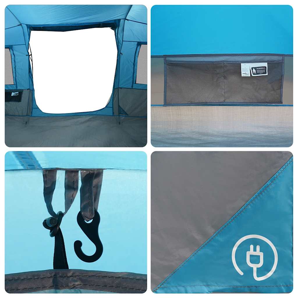 Detail van de blauwe vidaXL tunneltent met venster en opbergvak aan de binnenkant.