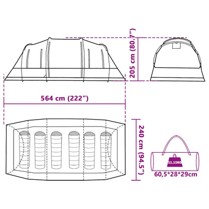 Technische tekening van de vidaXL 6-persoons tunneltent met afmetingen en opbergzak.